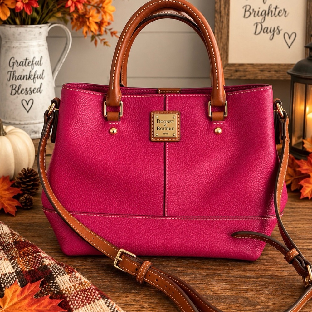 Dooney & Bourke Fuchsia Pebbled Leather Satchel with Brown Trim